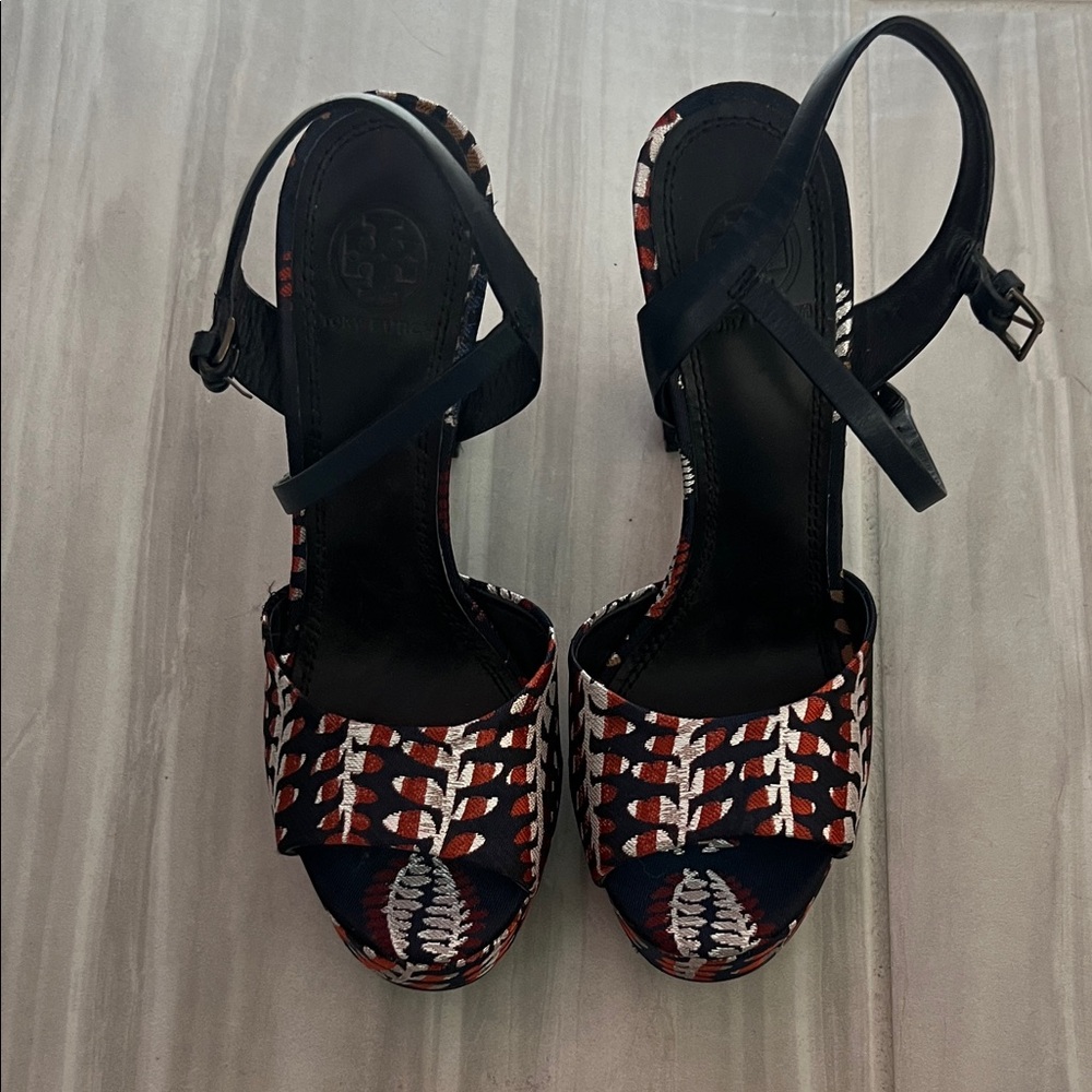 Tory Burch Black and Red Patterned Sandals
